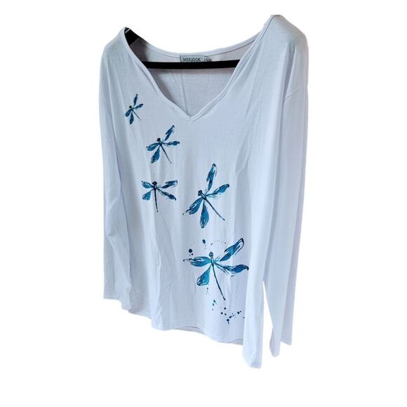 MISSLOOK Women's White LongSleeve Dragonfly detail V-Neck Shirt XL - Picture 5 of 12